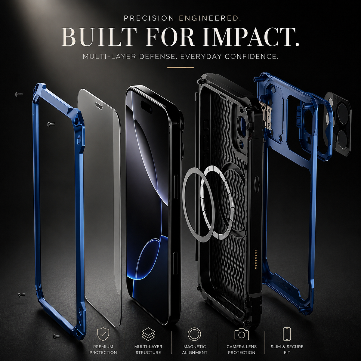 Premium iPhone Case Heavy Duty Metal MagSafe Cover Military Grade Shockproof Aluminum Bumper Camera Guard Kickstand 9H Screen Protection Rugged Design