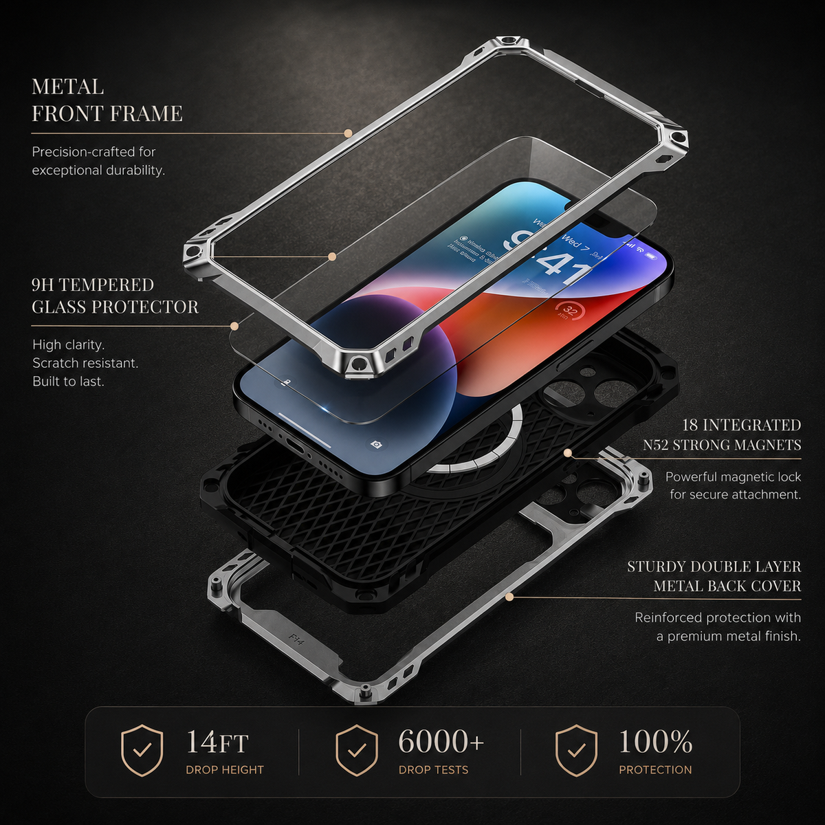 Premium iPhone Case Heavy Duty Metal MagSafe Cover Military Grade Shockproof Aluminum Bumper Camera Guard Kickstand 9H Screen Protection Rugged Design