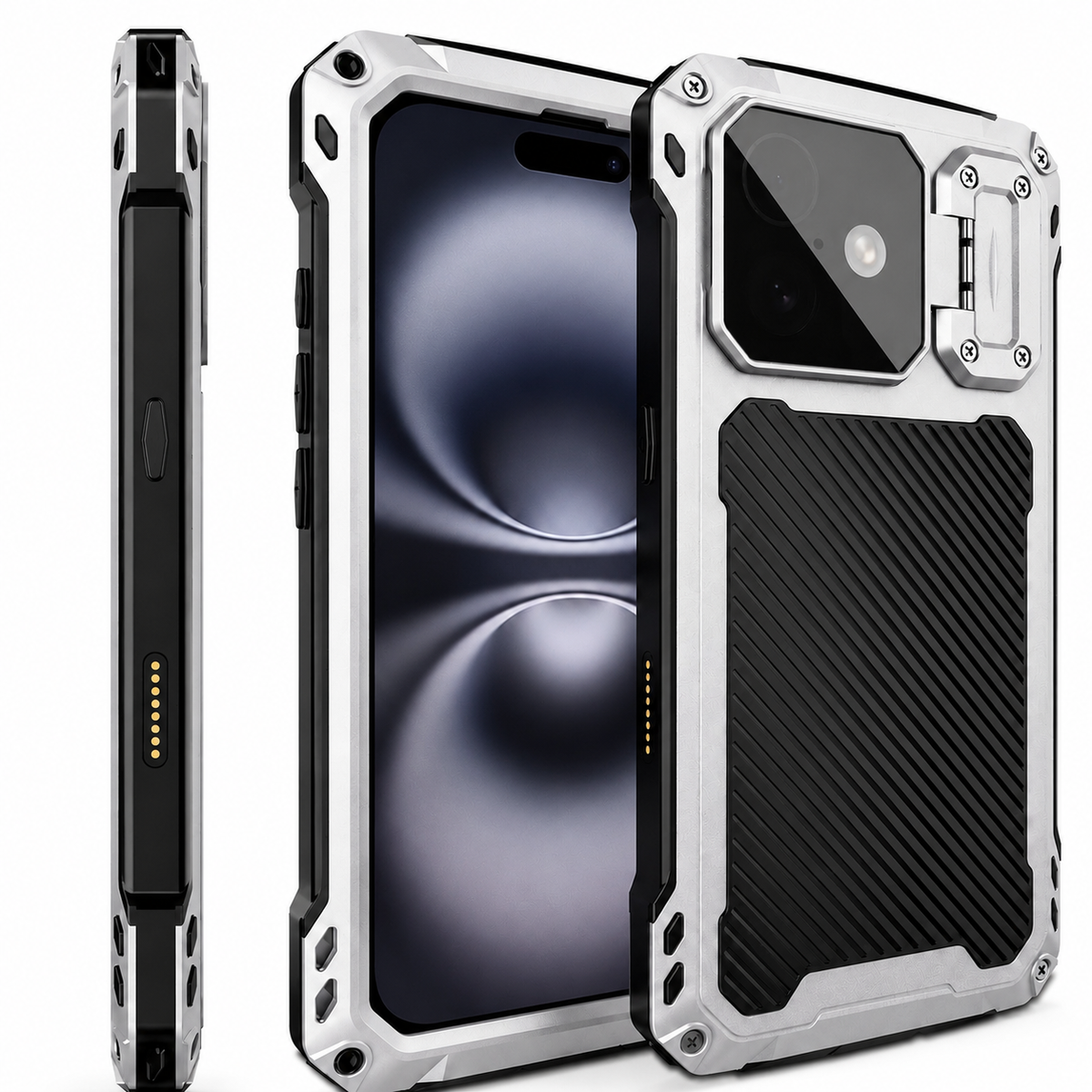 Premium iPhone Case Heavy Duty Metal MagSafe Cover Military Grade Shockproof Aluminum Bumper Camera Guard Kickstand 9H Screen Protection Rugged Design