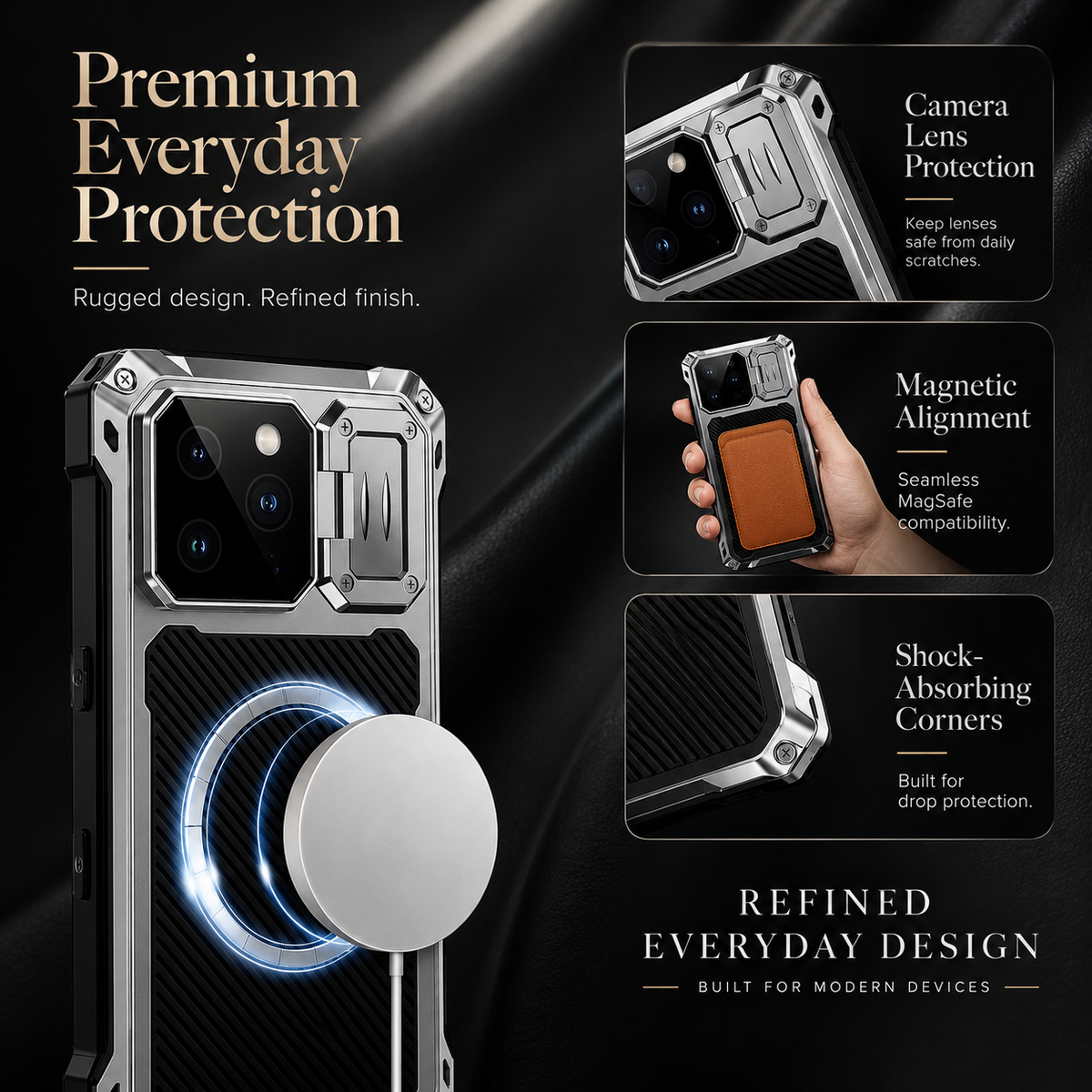 Premium iPhone Case Heavy Duty Metal MagSafe Cover Military Grade Shockproof Aluminum Bumper Camera Guard Kickstand 9H Screen Protection Rugged Design