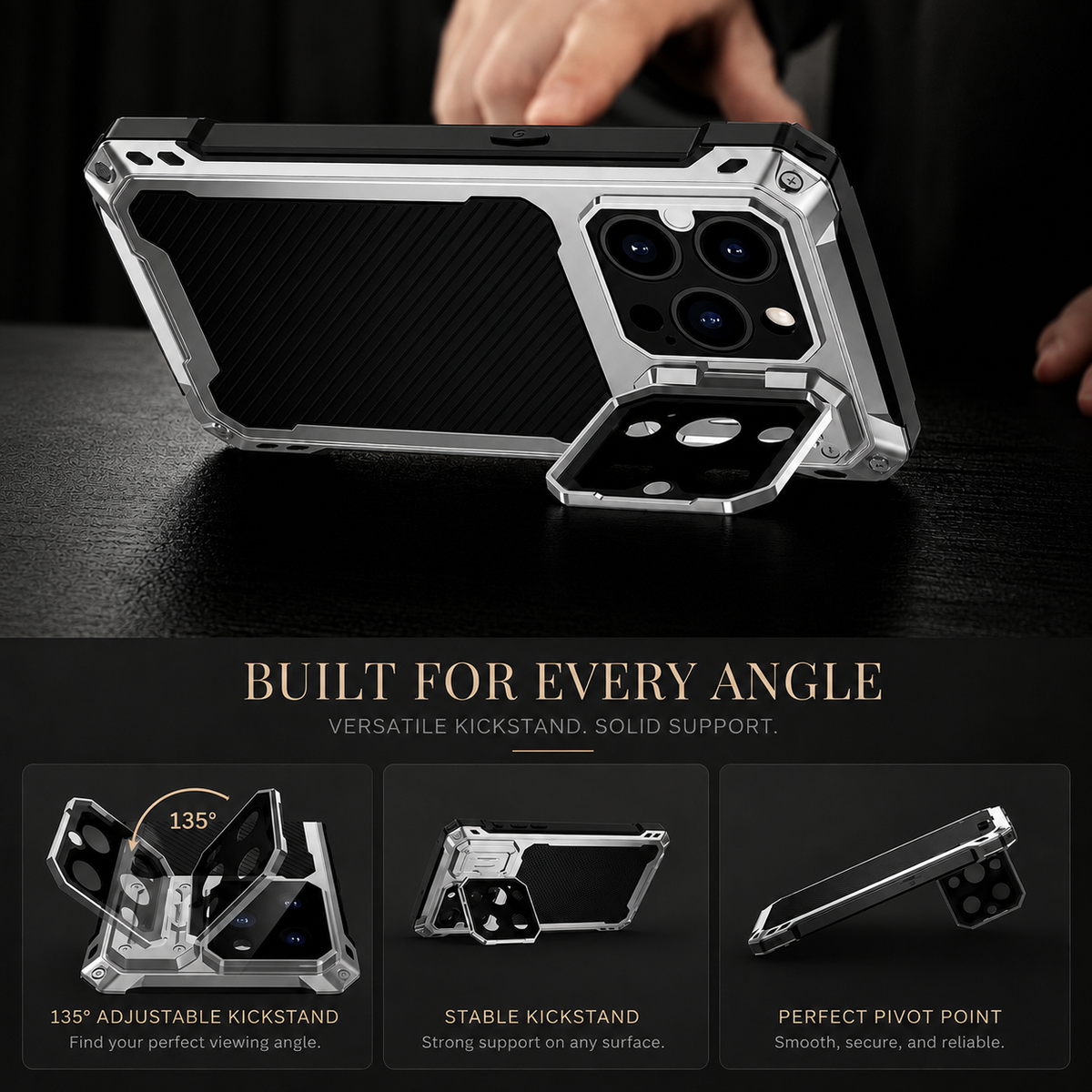 Premium iPhone Case Heavy Duty Metal MagSafe Cover Military Grade Shockproof Aluminum Bumper Camera Guard Kickstand 9H Screen Protection Rugged Design