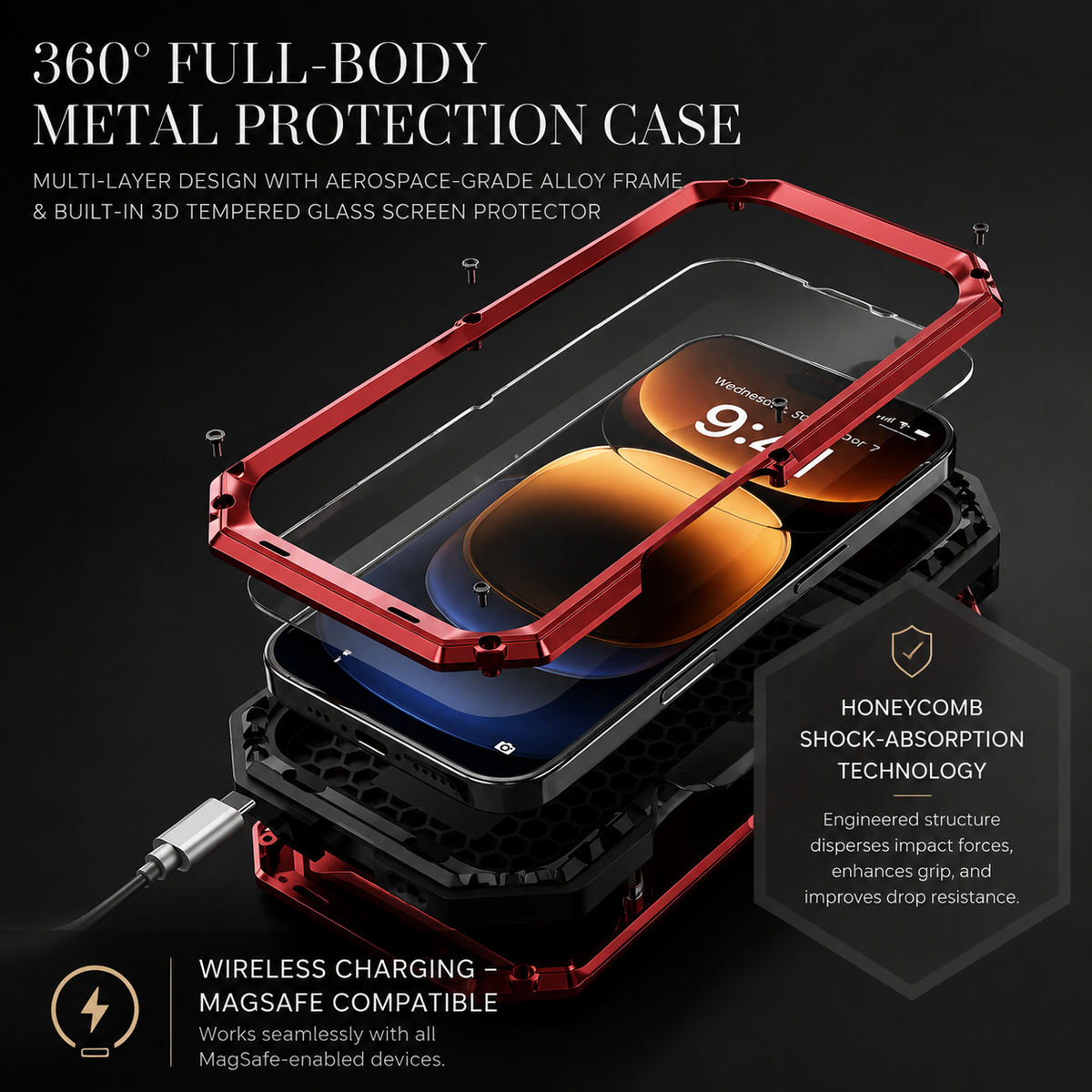 Premium iPhone Case Heavy-Duty Metal MagSafe Rugged Armor with Slide Camera Cover, Tempered Glass Screen Protector, Shockproof 360° Full-Body Design