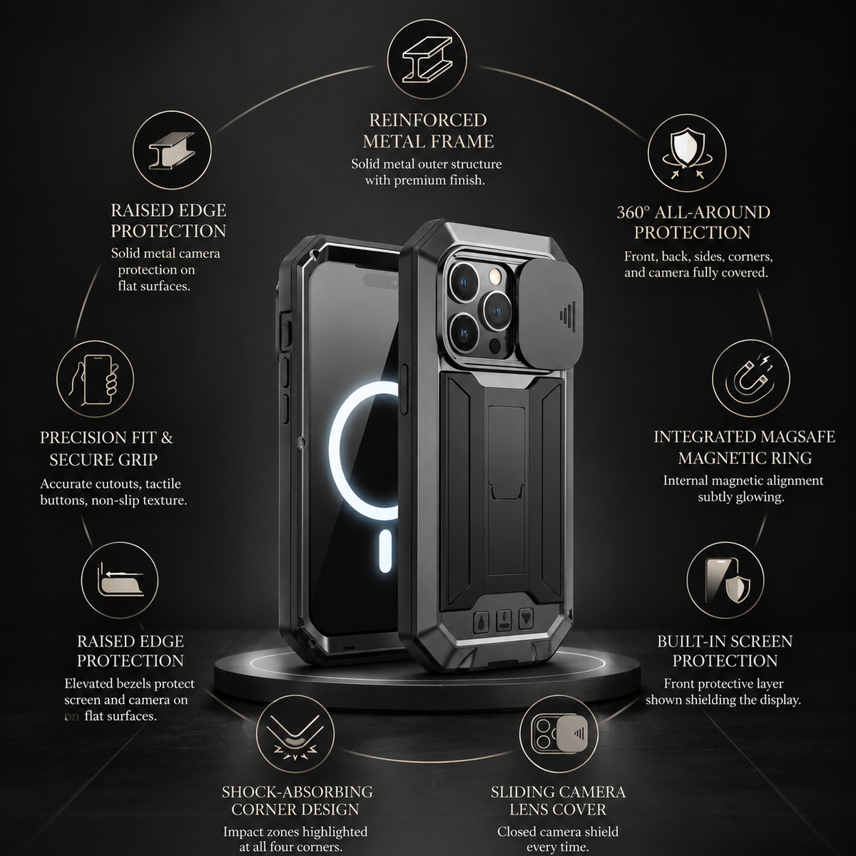 Premium iPhone Case Heavy-Duty Metal MagSafe Rugged Armor with Slide Camera Cover, Tempered Glass Screen Protector, Shockproof 360° Full-Body Design