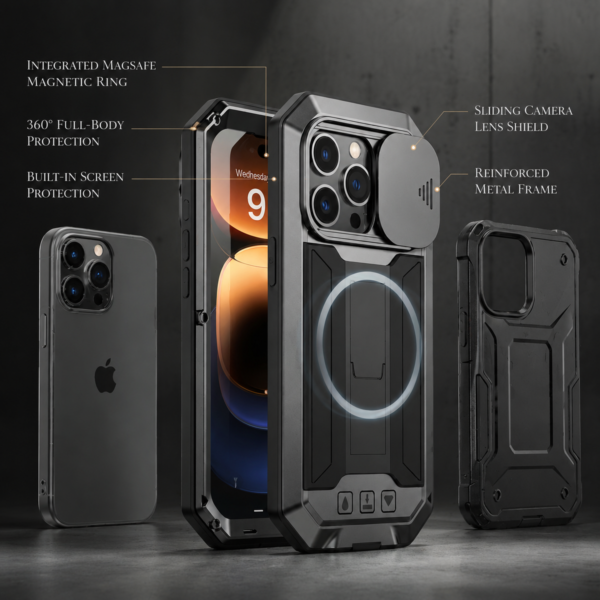 Premium iPhone Case Heavy-Duty Metal MagSafe Rugged Armor with Slide Camera Cover, Tempered Glass Screen Protector, Shockproof 360° Full-Body Design