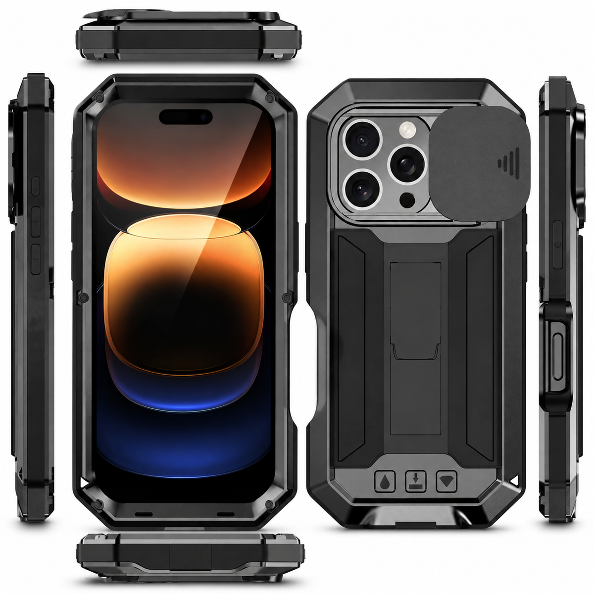 Premium iPhone Case Heavy-Duty Metal MagSafe Rugged Armor with Slide Camera Cover, Tempered Glass Screen Protector, Shockproof 360° Full-Body Design