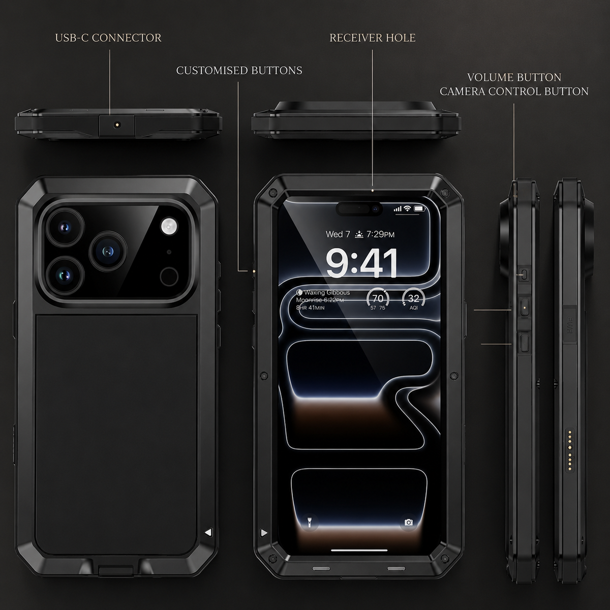 Premium iPhone Case Heavy Duty Metal Protective Cover Tempered Glass Screen Protector Shockproof TPU PC Hybrid Full Coverage Rugged Design