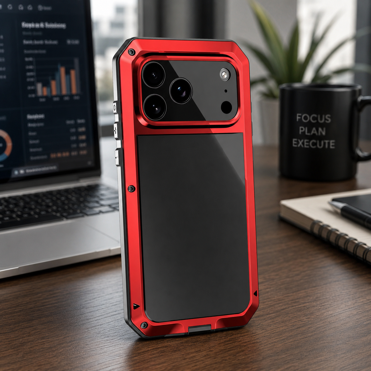 Premium iPhone Case Heavy Duty Metal Protective Cover Tempered Glass Screen Protector Shockproof TPU PC Hybrid Full Coverage Rugged Design