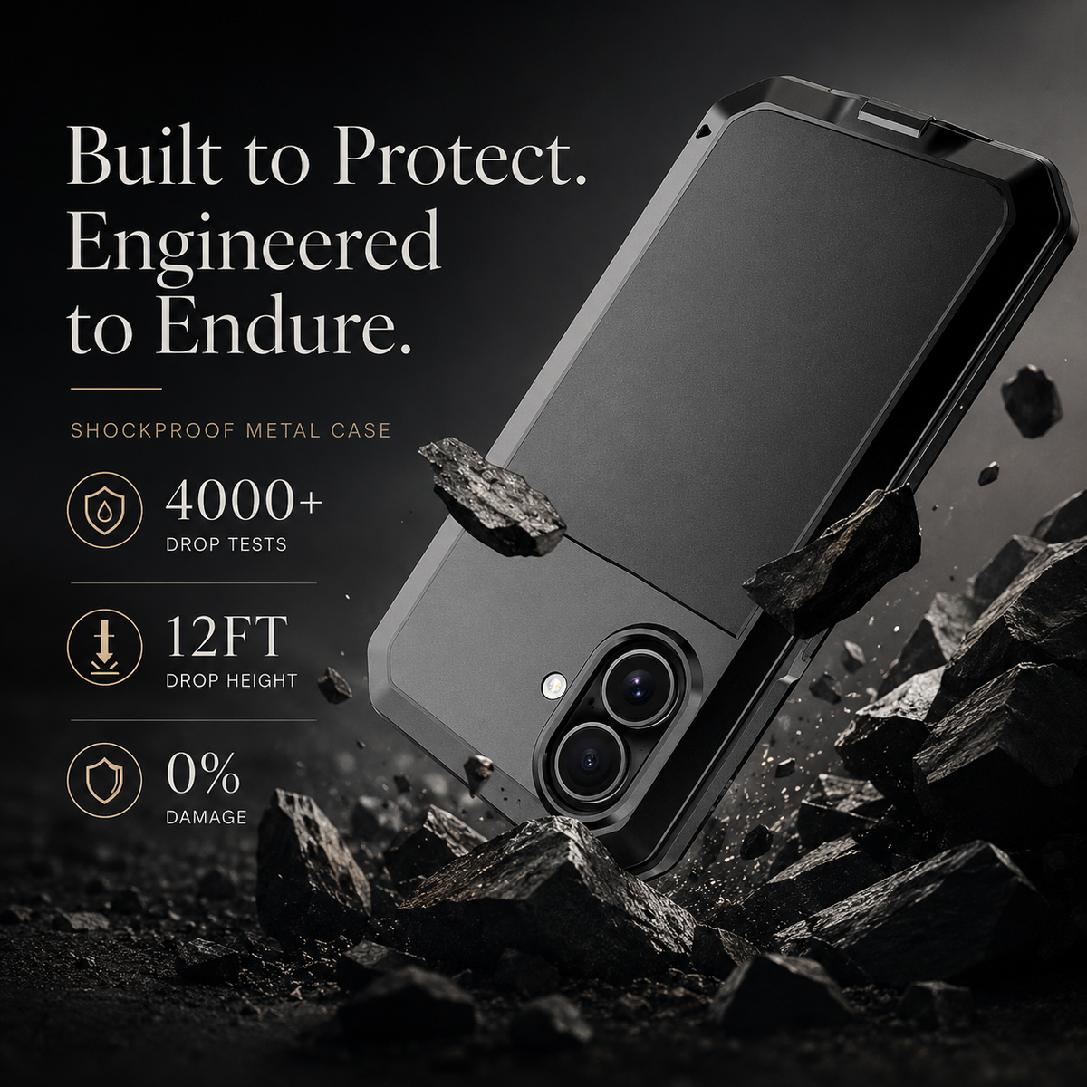 Premium iPhone Case Heavy Duty Metal Protective Cover Tempered Glass Screen Protector Shockproof TPU PC Hybrid Full Coverage Rugged Design