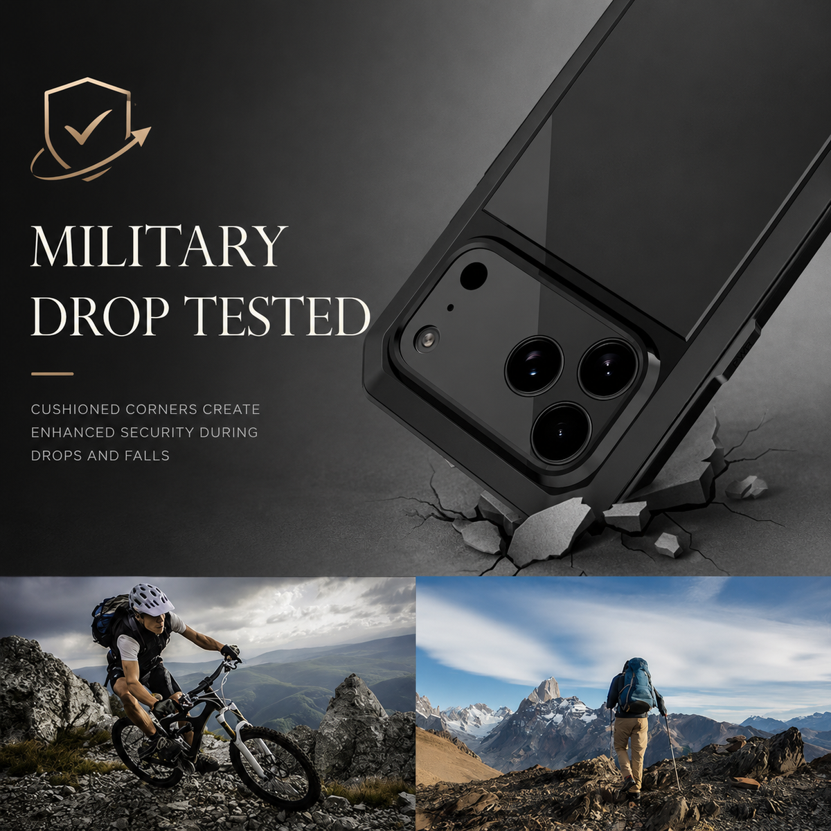 Premium iPhone Case Heavy Duty Metal Protective Cover Tempered Glass Screen Protector Shockproof TPU PC Hybrid Full Coverage Rugged Design