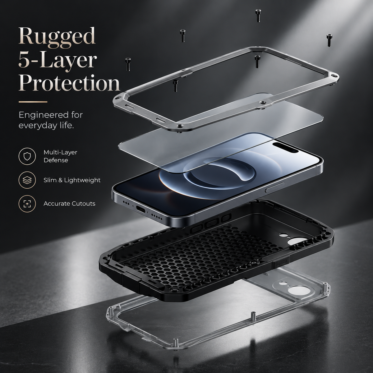 Premium iPhone Case Heavy Duty Metal Shockproof Built In Glass Screen Protector TPU PC Armor Anti Scratch Rugged Protective Cover Raised Edge Design