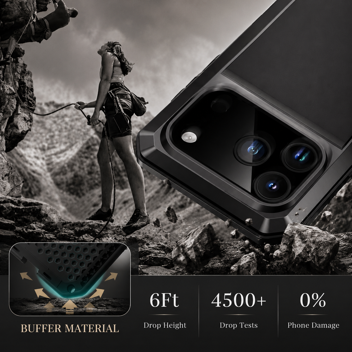Premium iPhone Case Heavy Duty Metal Shockproof Built In Glass Screen Protector TPU PC Armor Anti Scratch Rugged Protective Cover Raised Edge Design