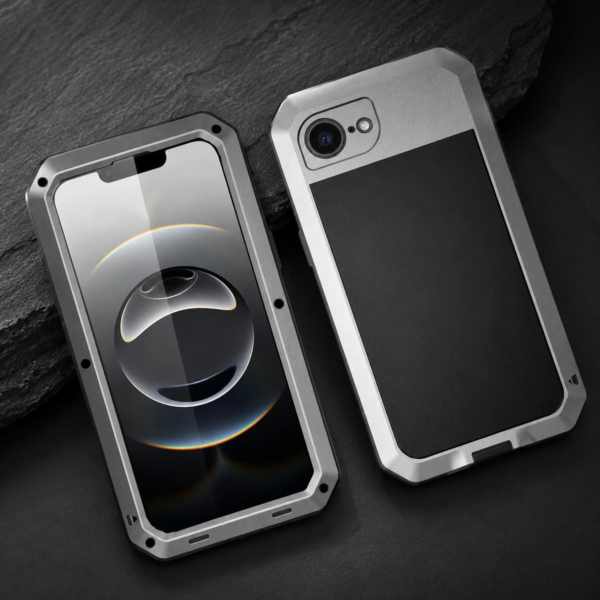 Premium iPhone Case Heavy Duty Metal Shockproof Built In Glass Screen Protector TPU PC Armor Anti Scratch Rugged Protective Cover Raised Edge Design