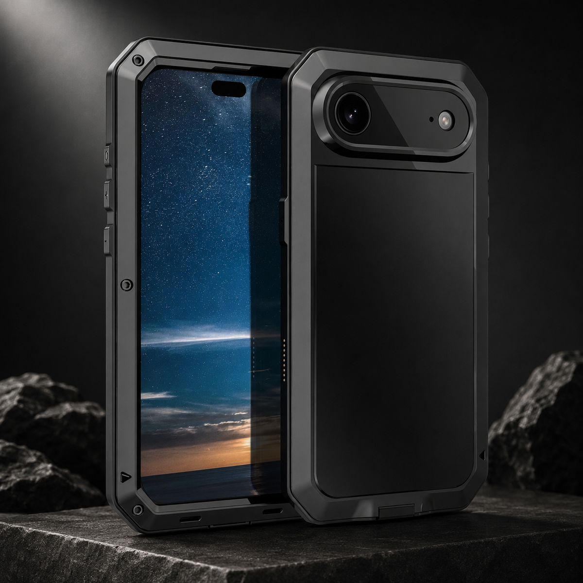 Premium iPhone Case Heavy Duty Metal Shockproof Built In Glass Screen Protector TPU PC Armor Anti Scratch Rugged Protective Cover Raised Edge Design