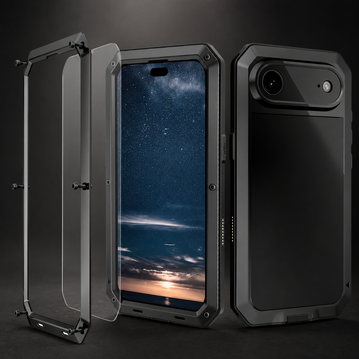 Premium iPhone Case Heavy Duty Metal Shockproof Built In Glass Screen Protector TPU PC Armor Anti Scratch Rugged Protective Cover Raised Edge Design