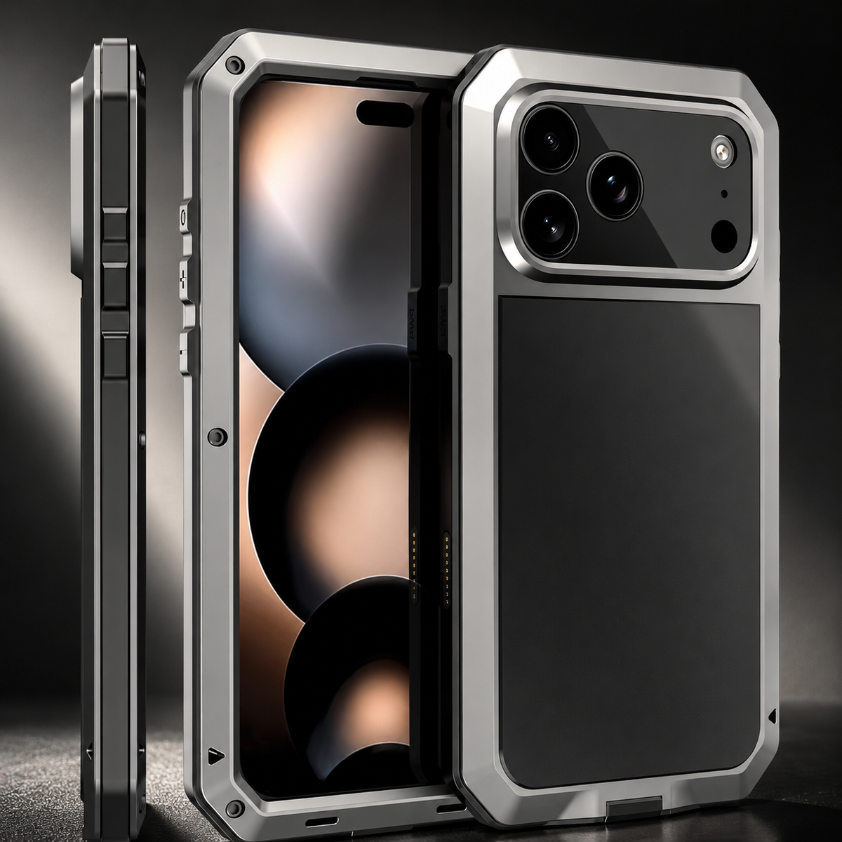 Premium iPhone Case Heavy Duty Metal Shockproof Built In Glass Screen Protector TPU PC Armor Anti Scratch Rugged Protective Cover Raised Edge Design