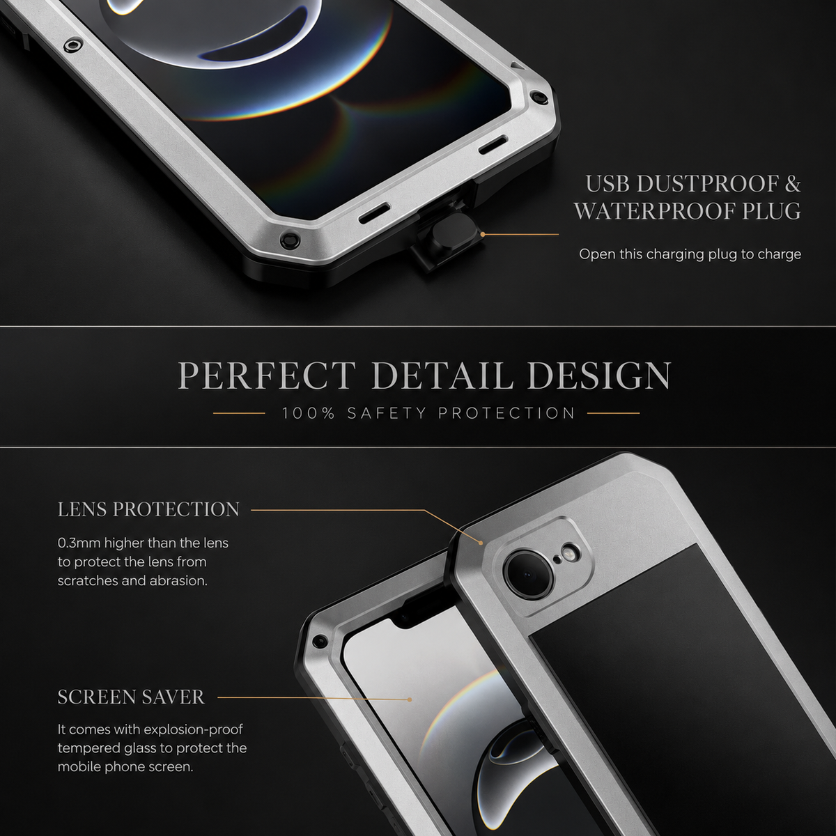 Premium iPhone Case Heavy Duty Metal Shockproof Built In Glass Screen Protector TPU PC Armor Anti Scratch Rugged Protective Cover Raised Edge Design