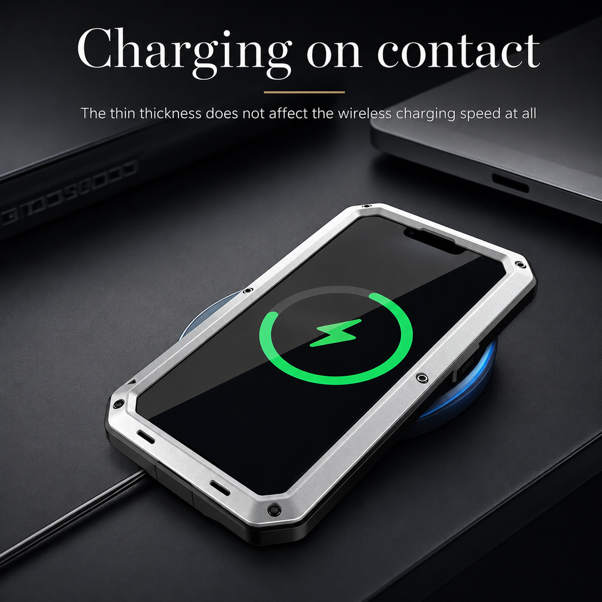 Premium iPhone Case Heavy Duty Metal Shockproof Built In Glass Screen Protector TPU PC Armor Anti Scratch Rugged Protective Cover Raised Edge Design