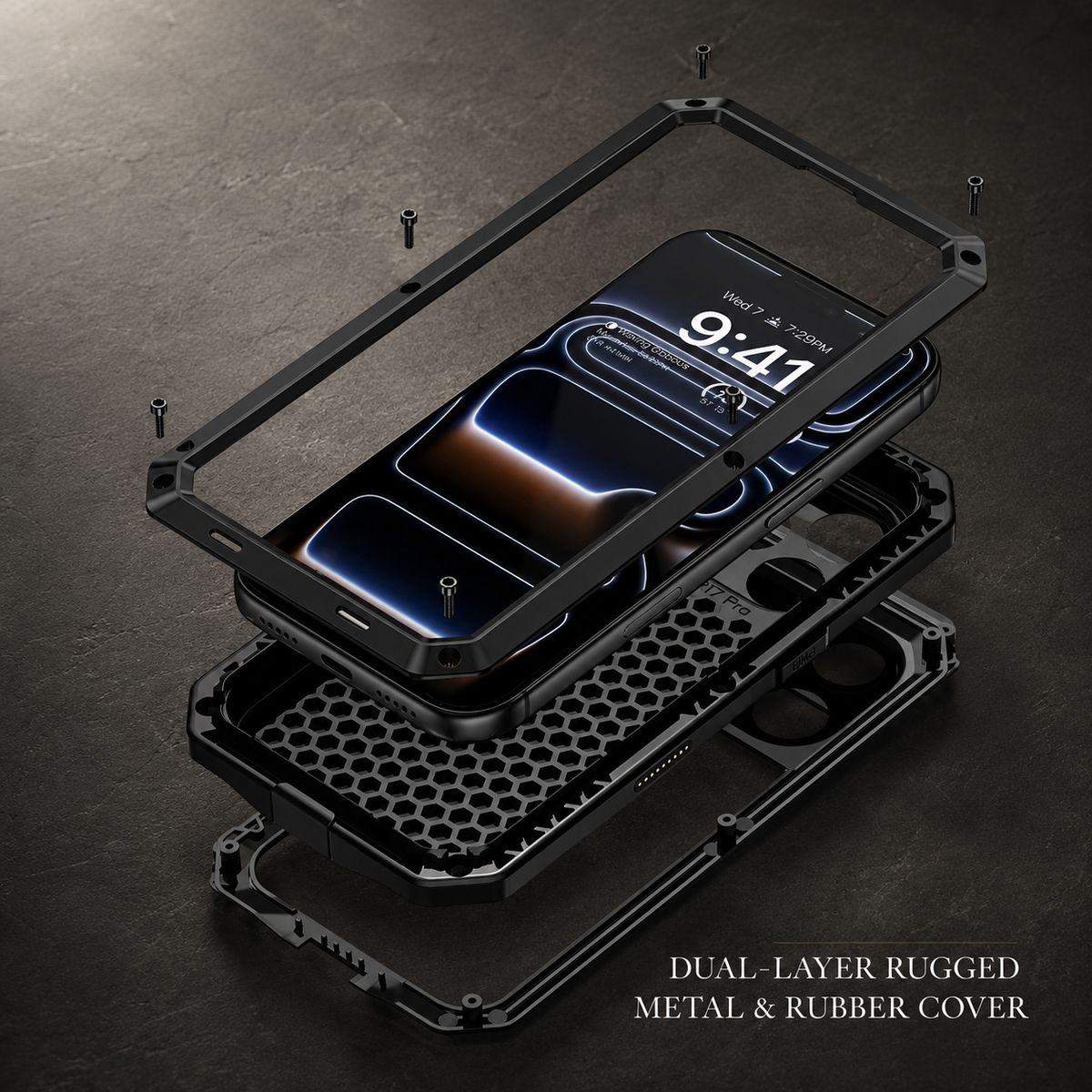 Premium iPhone Case Heavy Duty Metal Shockproof Built In Glass Screen Protector TPU PC Armor Anti Scratch Rugged Protective Cover Raised Edge Design