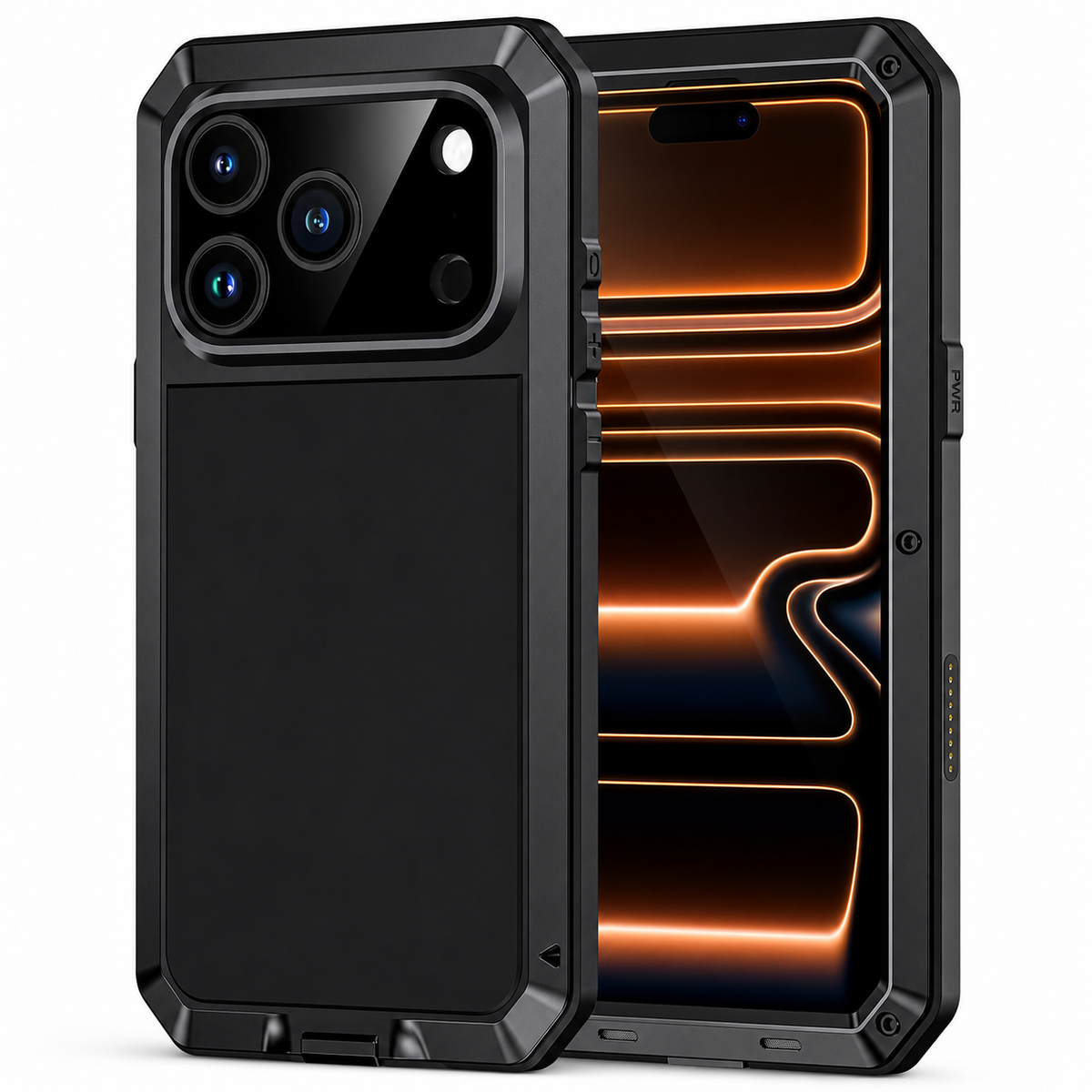 Premium iPhone Case Heavy Duty Metal Shockproof Built In Glass Screen Protector TPU PC Armor Anti Scratch Rugged Protective Cover Raised Edge Design
