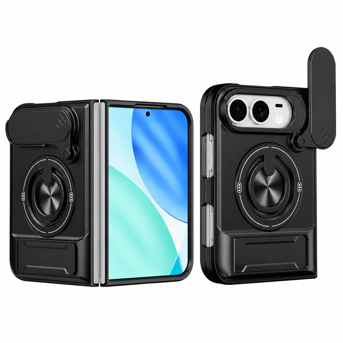 Premium iPhone Case Heavy Duty Rugged Armor Magnetic Ring Stand Slide Camera Protection Foldable Stand Cover Shockproof Tough Durable Protective Phone Case