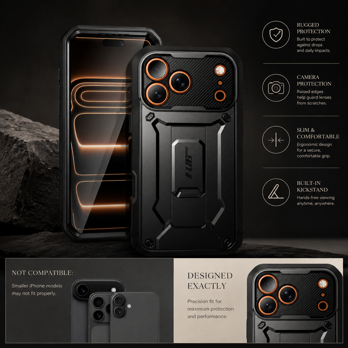 Premium iPhone Case Heavy Duty Rugged Shockproof PC TPU Full Body Protective Cover Built In Screen Protector Reinforced Bumper Tough Armor Case