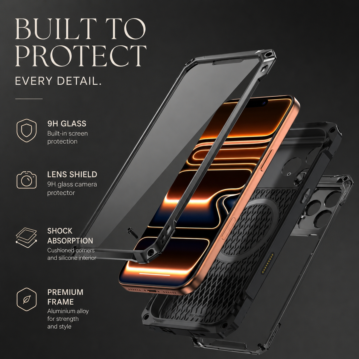 Premium iPhone Case Heavy Duty Shockproof Aluminum Armor Magnetic Ring Stand Tempered Glass Screen Camera Lens Protector Full Coverage Rugged Bumper