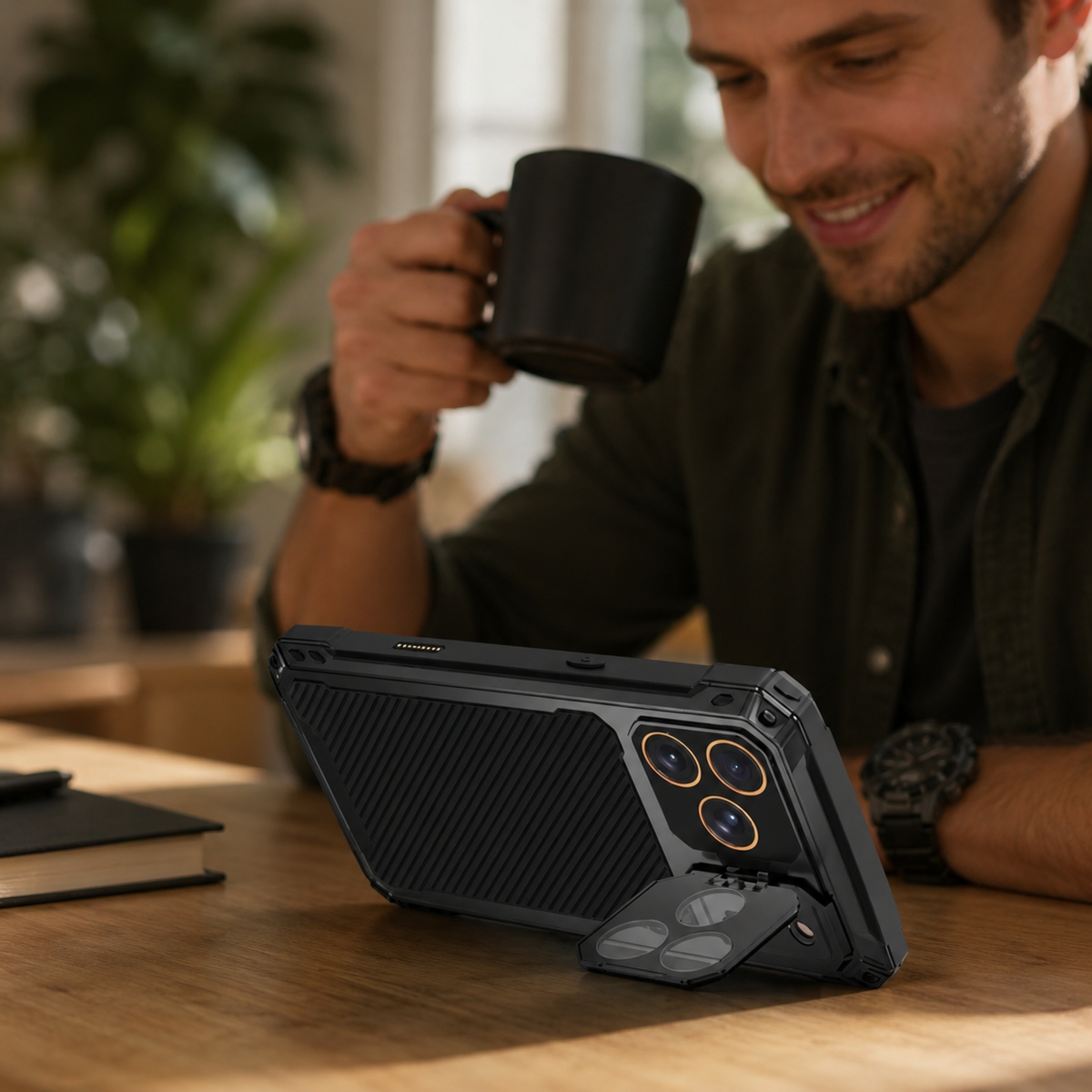 Premium iPhone Case Heavy Duty Shockproof Aluminum Armor Magnetic Ring Stand Tempered Glass Screen Camera Lens Protector Full Coverage Rugged Bumper