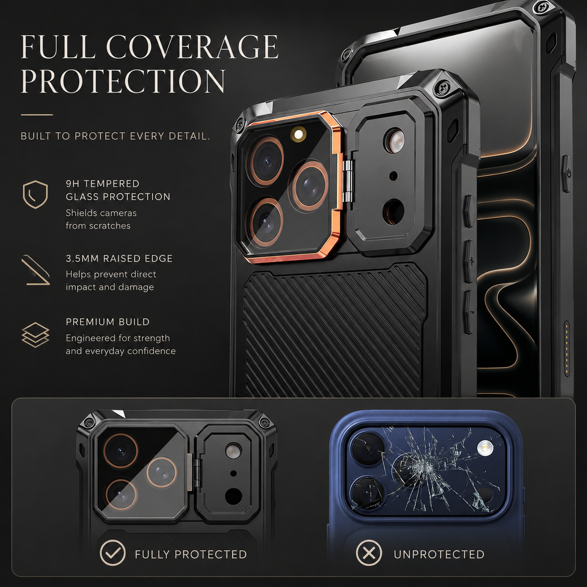 Premium iPhone Case Heavy Duty Shockproof Aluminum Armor Magnetic Ring Stand Tempered Glass Screen Camera Lens Protector Full Coverage Rugged Bumper