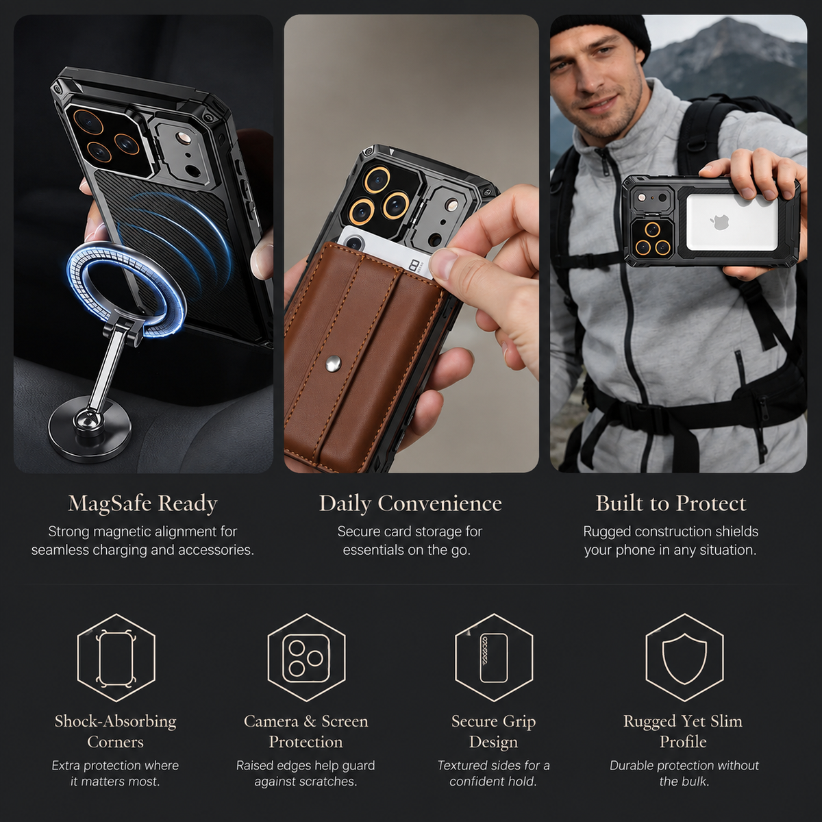 Premium iPhone Case Heavy Duty Shockproof Aluminum Armor Magnetic Ring Stand Tempered Glass Screen Camera Lens Protector Full Coverage Rugged Bumper