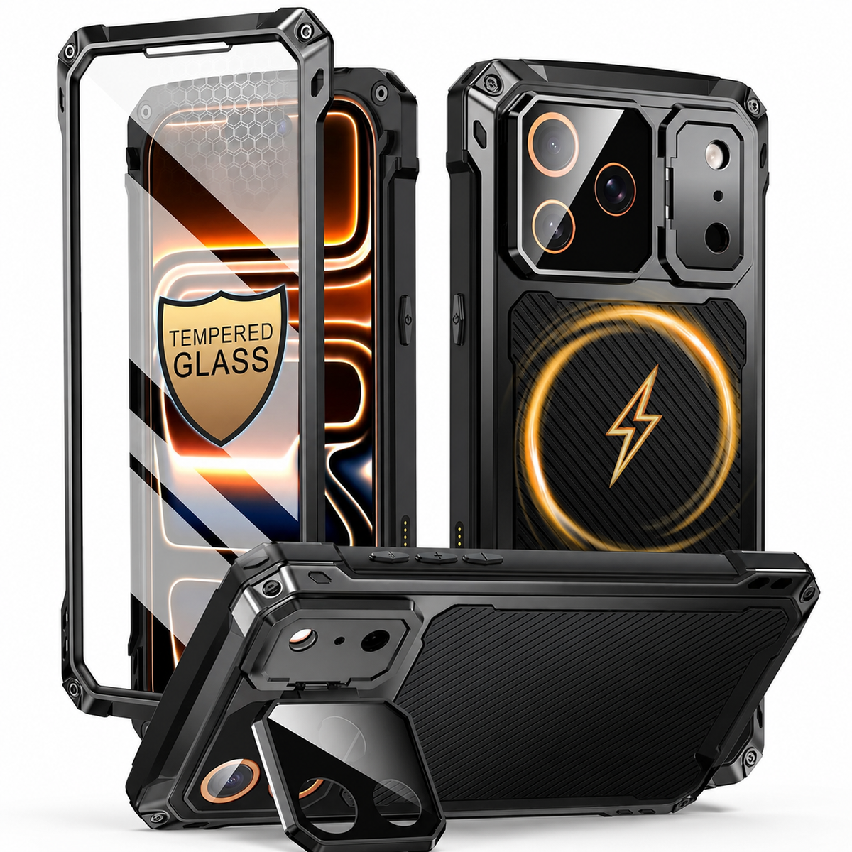 Premium iPhone Case Heavy Duty Shockproof Aluminum Armor Magnetic Ring Stand Tempered Glass Screen Camera Lens Protector Full Coverage Rugged Bumper
