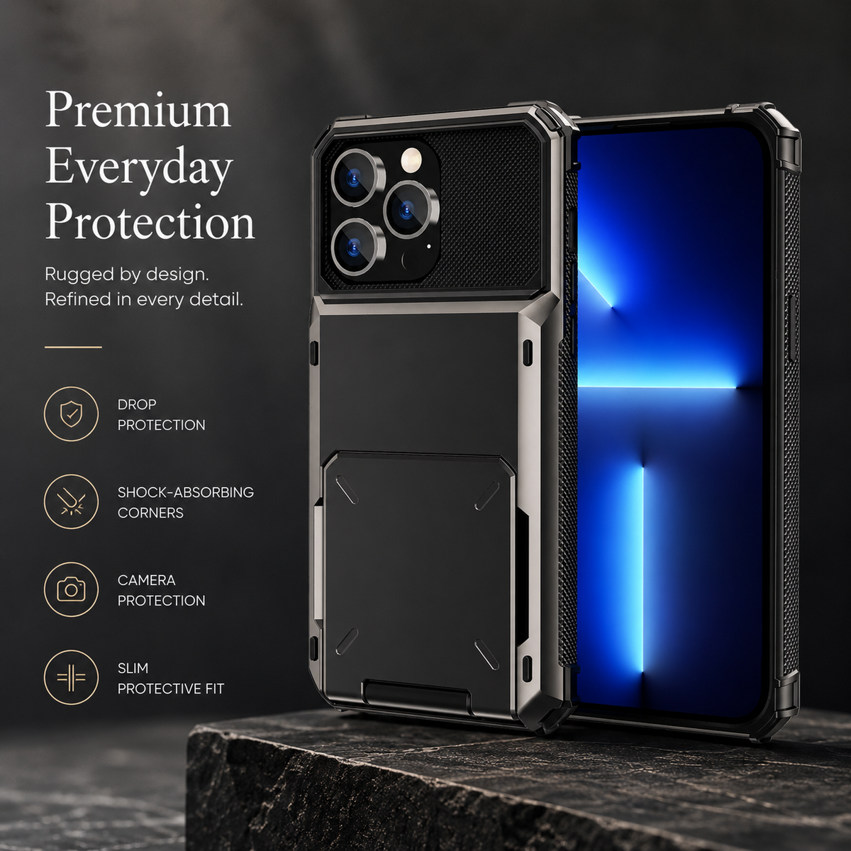 Premium iPhone Case Heavy Duty Wallet Card Holder Hidden Flip Slot Dual Layer Protective Hard Back Anti Scratch Storage Compartment Armor Cover