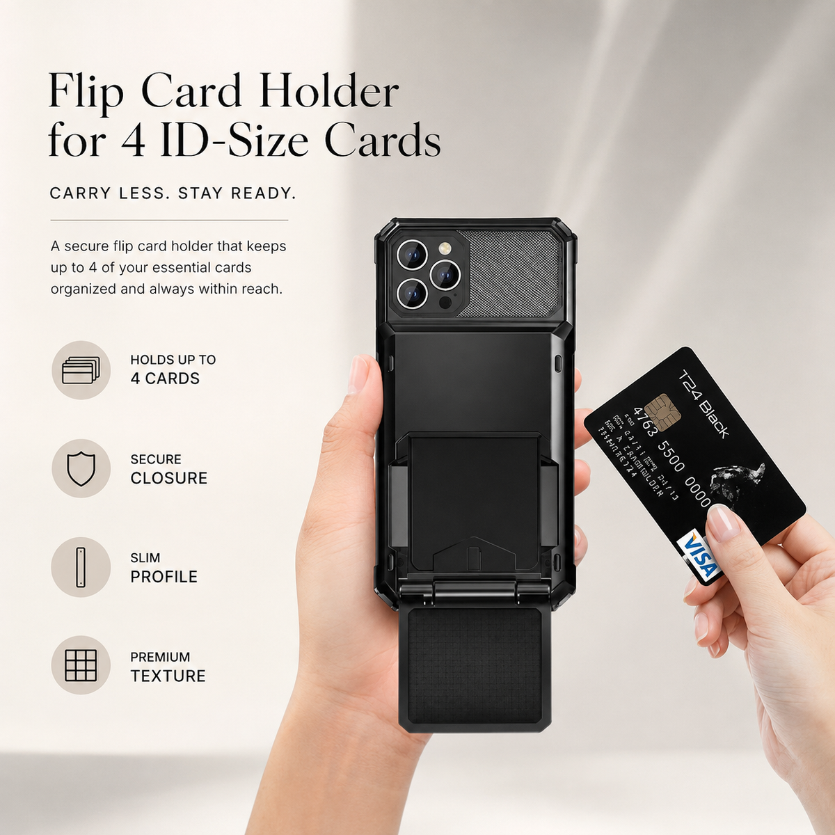 Premium iPhone Case Heavy Duty Wallet Card Holder Hidden Flip Slot Dual Layer Protective Hard Back Anti Scratch Storage Compartment Armor Cover