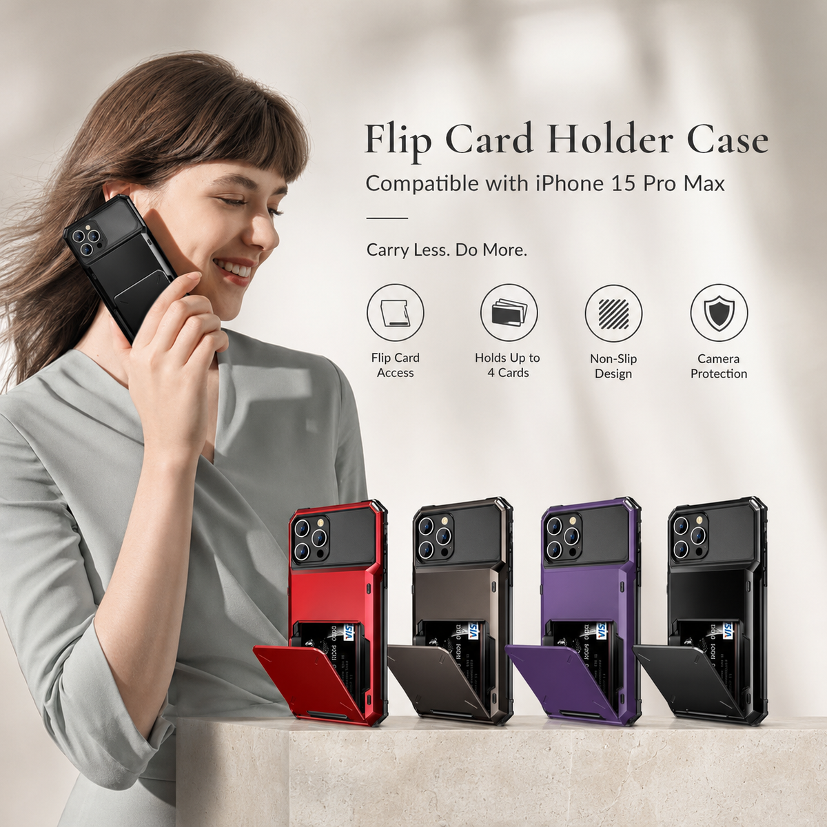Premium iPhone Case Heavy Duty Wallet Card Holder Hidden Flip Slot Dual Layer Protective Hard Back Anti Scratch Storage Compartment Armor Cover