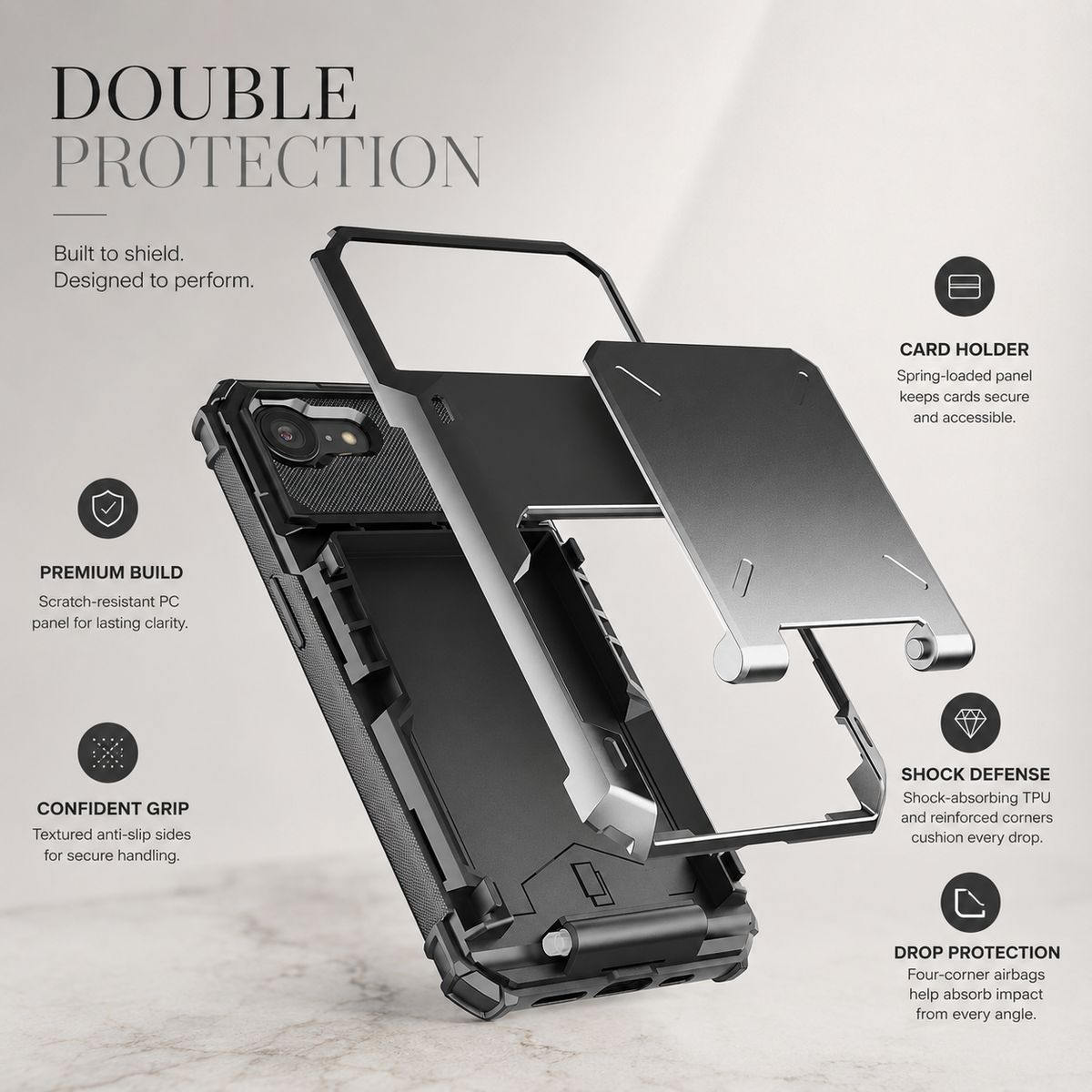 Premium iPhone Case Heavy Duty Wallet Card Holder Hidden Flip Slot Dual Layer Protective Hard Back Anti Scratch Storage Compartment Armor Cover