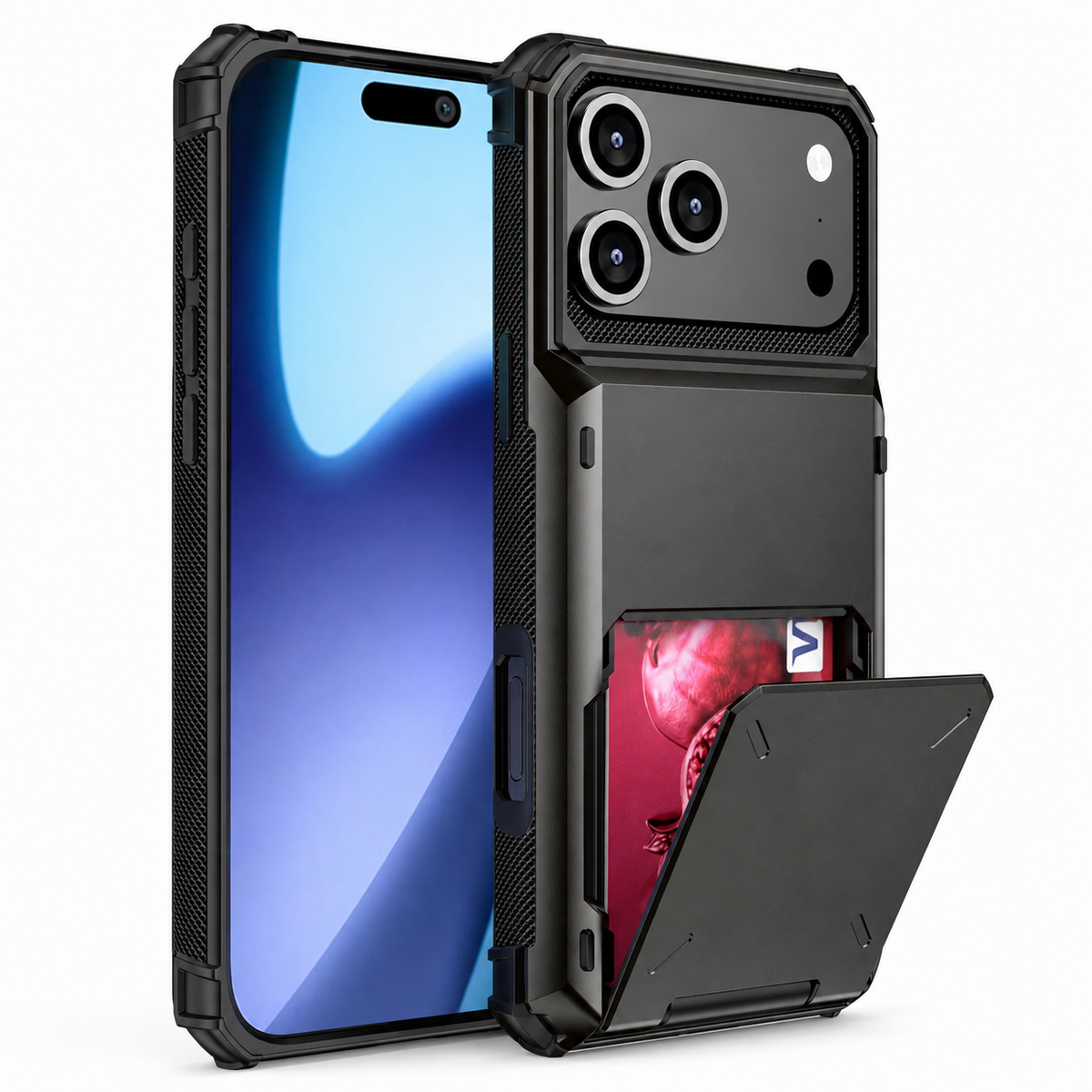 Premium iPhone Case Heavy Duty Wallet Card Holder Hidden Flip Slot Dual Layer Protective Hard Back Anti Scratch Storage Compartment Armor Cover