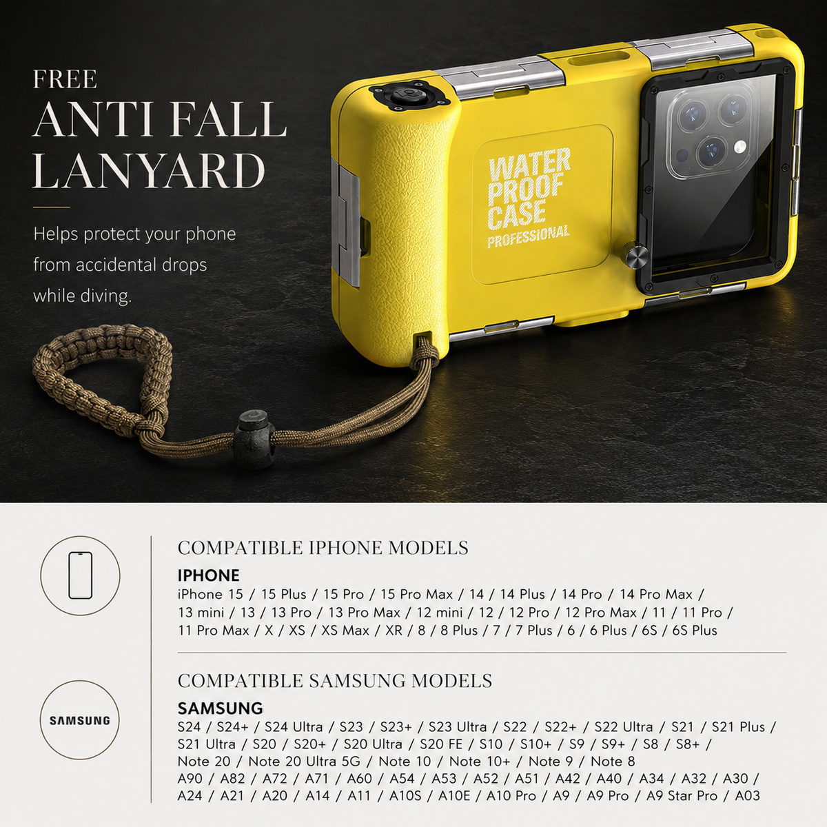 Premium iPhone Case IP68 Waterproof Diving Pouch 15m 50ft PC TPU Shockproof Anti Scratch Lanyard Underwater Photography Full Cover Protection Safe Use