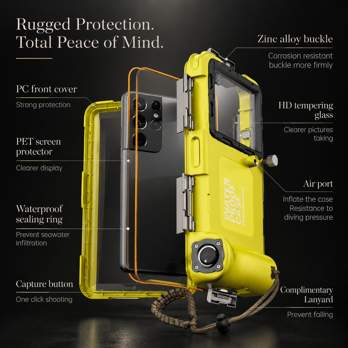Premium iPhone Case IP68 Waterproof Full Body Shockproof Cover Anti-Scratch Sealed 15m Underwater Protection Secure Lanyard PC TPU Durable Gear Design
