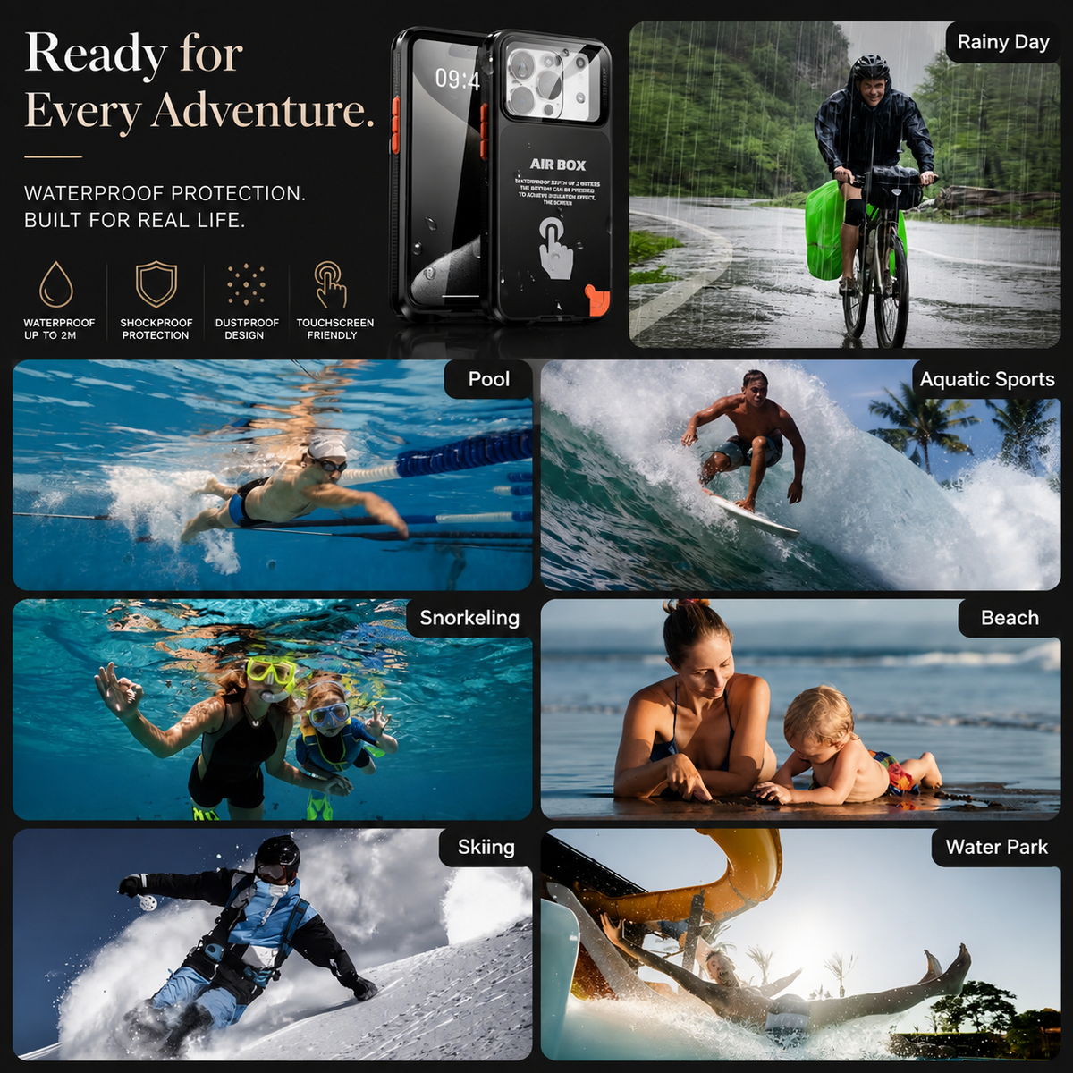 Premium iPhone Case IP68 Waterproof Shockproof Full Body Sealed Cover Dustproof Outdoor Underwater Protective Case Anti-Slip Rugged Design