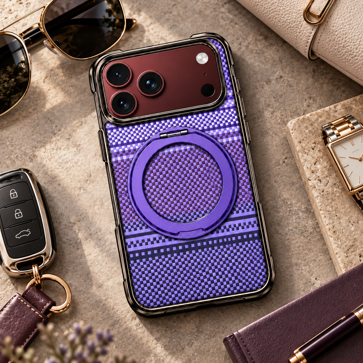 Premium iPhone Case Kevlar Magnetic Holder 360 Rotating Stand Foldable Cover MagSafe Business Shockproof Slim Durable Protective Phone Cover Shell Case