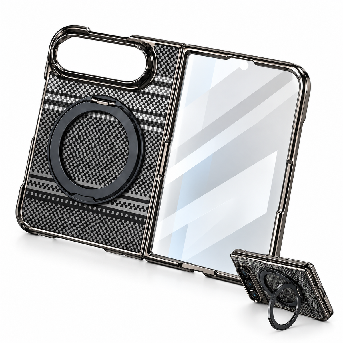 Premium iPhone Case Kevlar Magnetic Holder 360 Rotating Stand MagSafe Foldable Stand Cover Business Shockproof Slim Non Slip Durable Protective Phone Shell Case