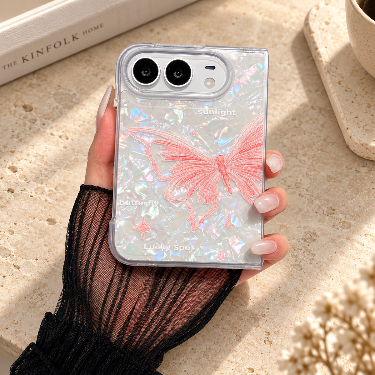 Premium iPhone Case Korean INS Butterfly Flower Heart Pattern Laser Acrylic Hard Shell Shockproof Folding Slim Anti Scratch Stylish Protective Phone Cover