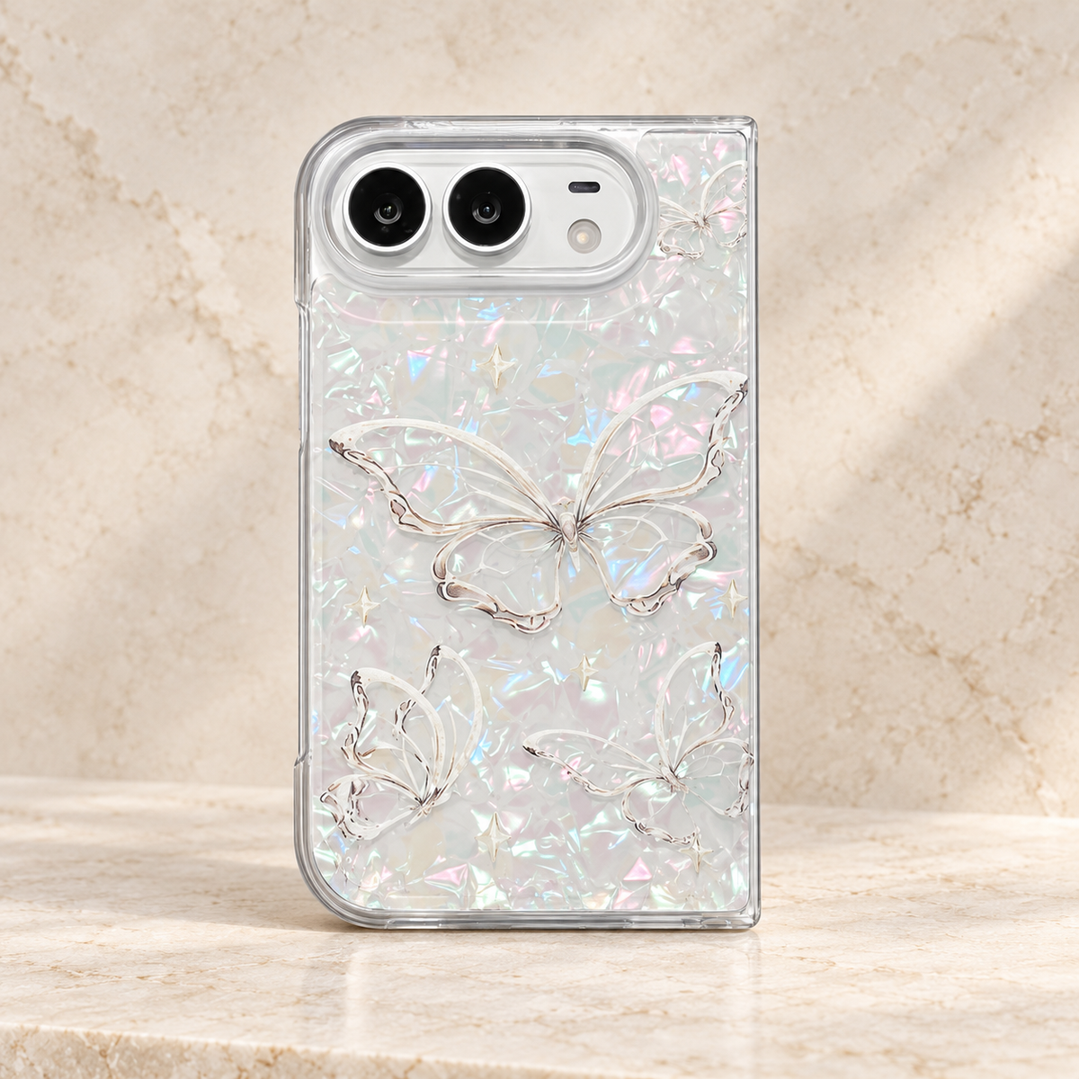 Premium iPhone Case Korean INS Butterfly Flower Heart Pattern Laser Acrylic Hard Shell Shockproof Folding Slim Anti Scratch Stylish Protective Phone Cover