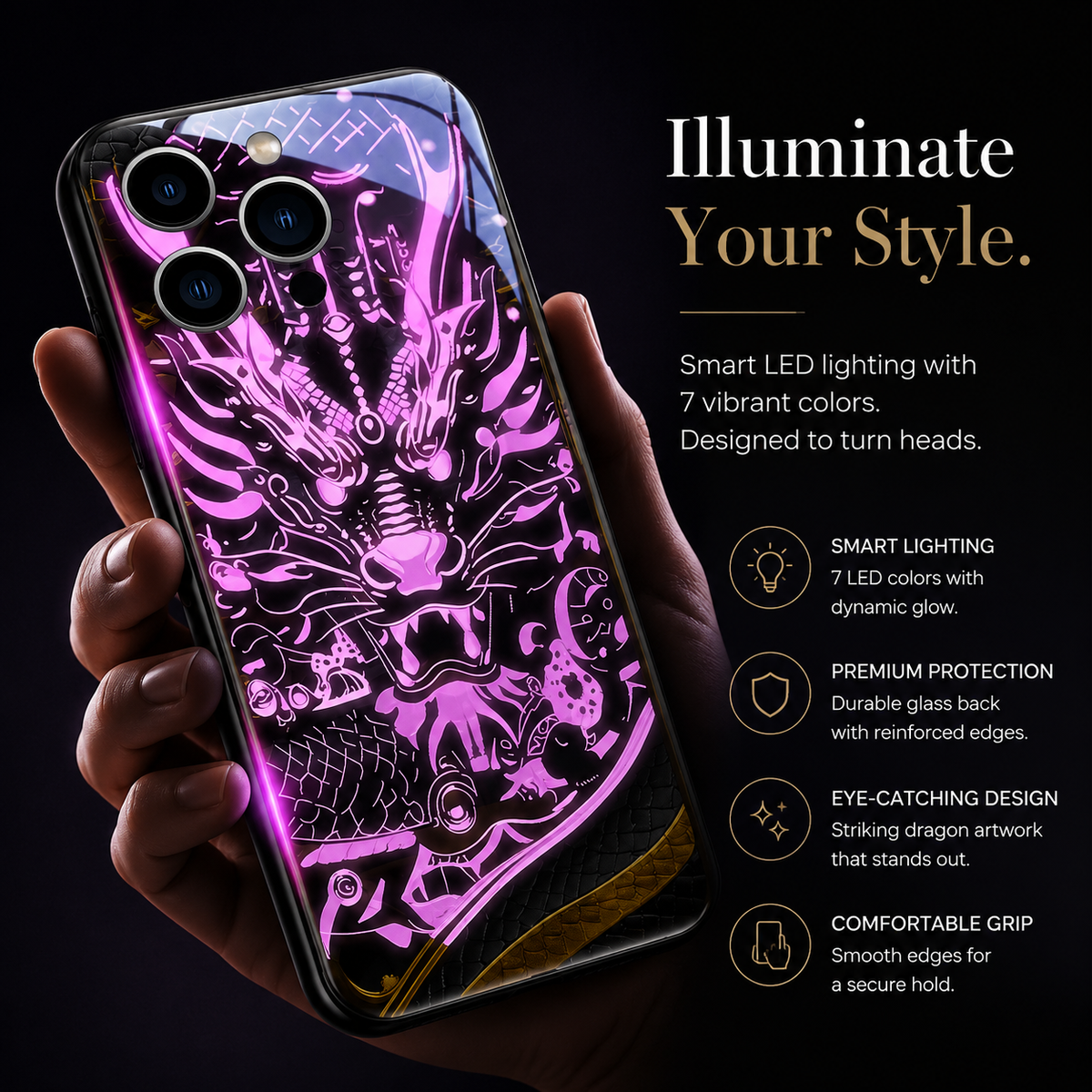 Premium iPhone Case LED Luminous Golden Dragon Sound Reactive Tempered Glass Back TPU Frame Shockproof Ultra Thin Protective Cover Full Protection