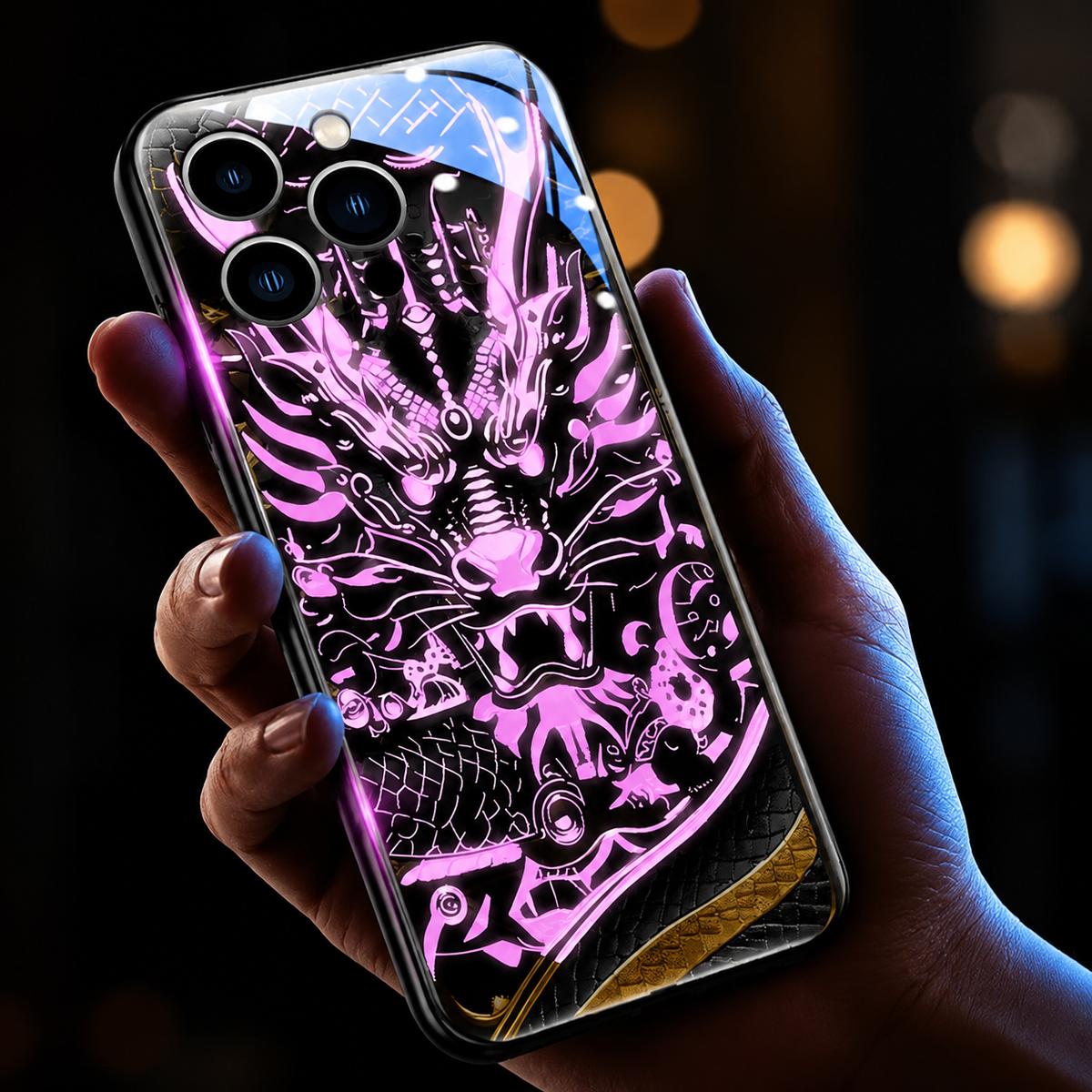 Premium iPhone Case LED Luminous Golden Dragon Sound Reactive Tempered Glass Back TPU Frame Shockproof Ultra Thin Protective Cover Full Protection