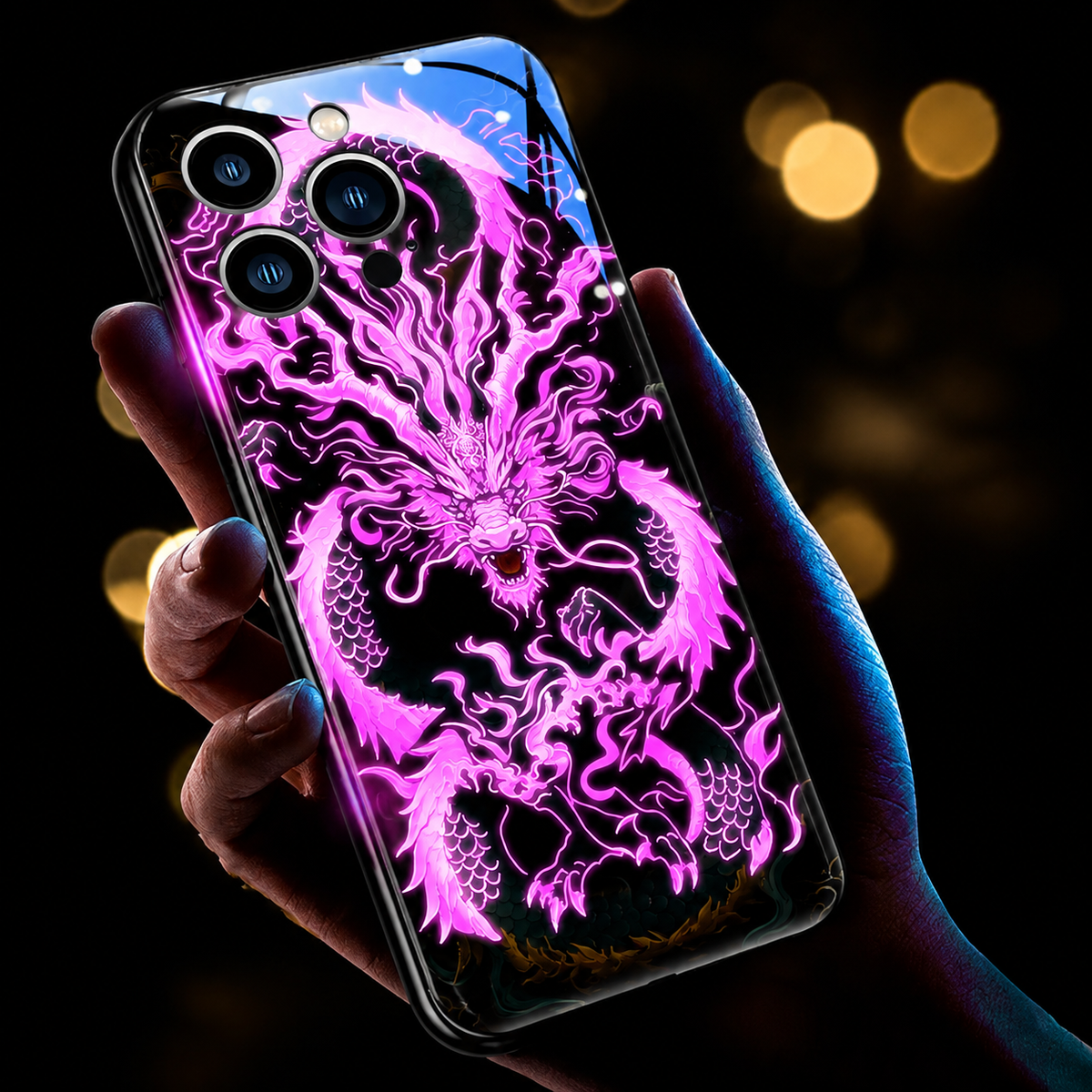 Premium iPhone Case LED Luminous Golden Dragon Sound Reactive Tempered Glass Back TPU Frame Shockproof Ultra Thin Protective Cover Full Protection