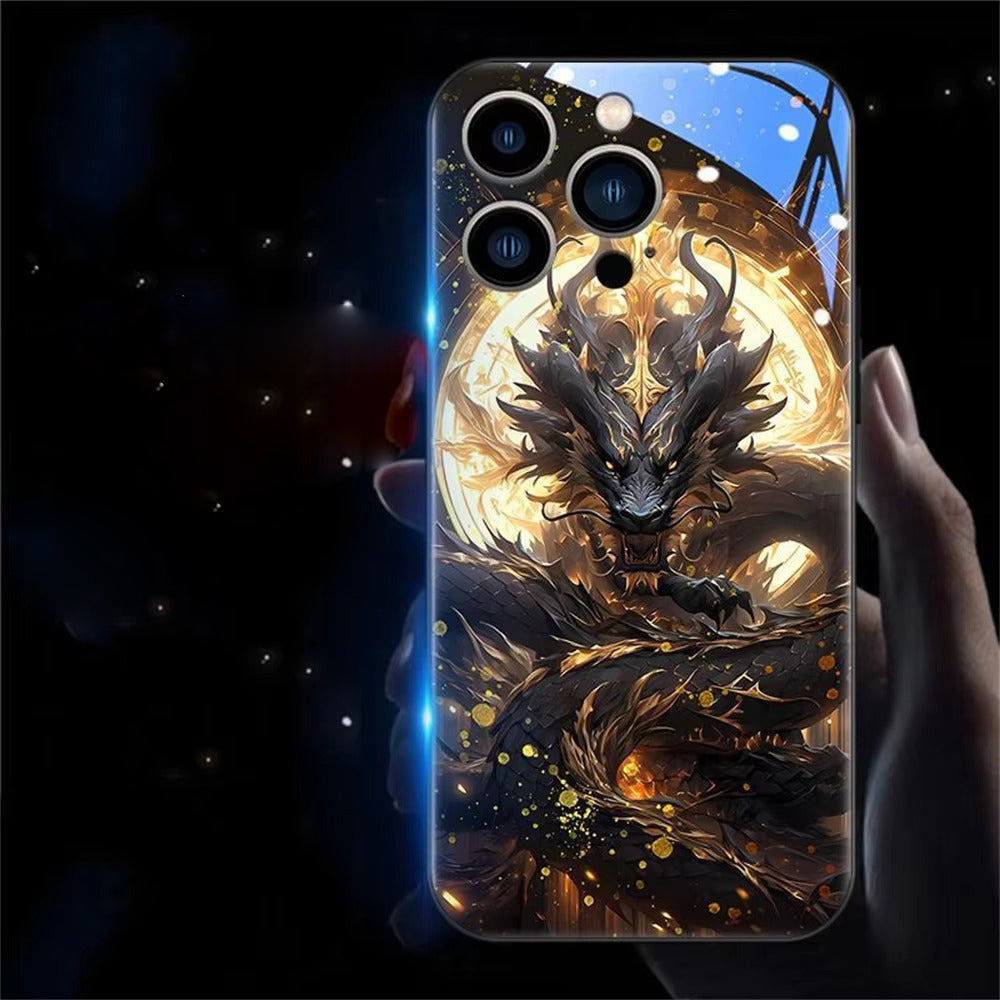 Premium iPhone Case LED Luminous Golden Dragon Sound Reactive Tempered Glass Back TPU Frame Shockproof Ultra Thin Protective Cover Full Protection