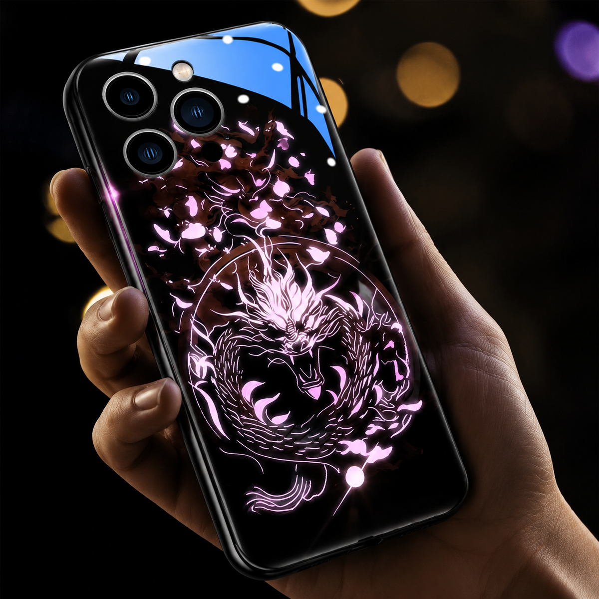 Premium iPhone Case LED Luminous Golden Dragon Sound Reactive Tempered Glass Back TPU Frame Shockproof Ultra Thin Protective Cover Full Protection