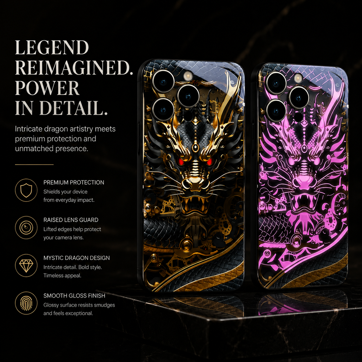 Premium iPhone Case LED Luminous Golden Dragon Sound Reactive Tempered Glass Back TPU Frame Shockproof Ultra Thin Protective Cover Full Protection