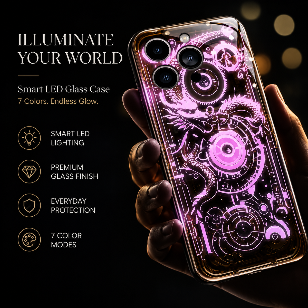 Premium iPhone Case LED Luminous Golden Dragon Sound Reactive Tempered Glass Back TPU Frame Shockproof Ultra Thin Protective Cover Full Protection
