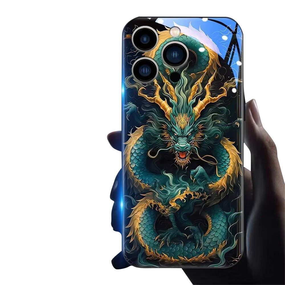 Premium iPhone Case LED Luminous Golden Dragon Sound Reactive Tempered Glass Back TPU Frame Shockproof Ultra Thin Protective Cover Full Protection
